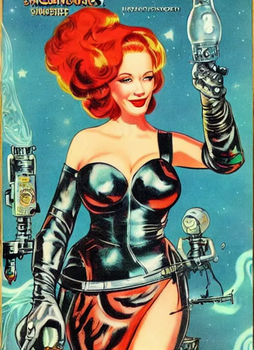 Prompt: Beautiful Christina Hendricks as badass space wizard in retro science fiction cover by Kelly Freas (1965), vintage 1960 print, detailed