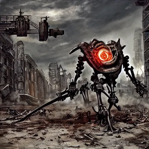 Prompt: skeleton battle robot, post apocalyptic city, skulls on ground, noon, realistic