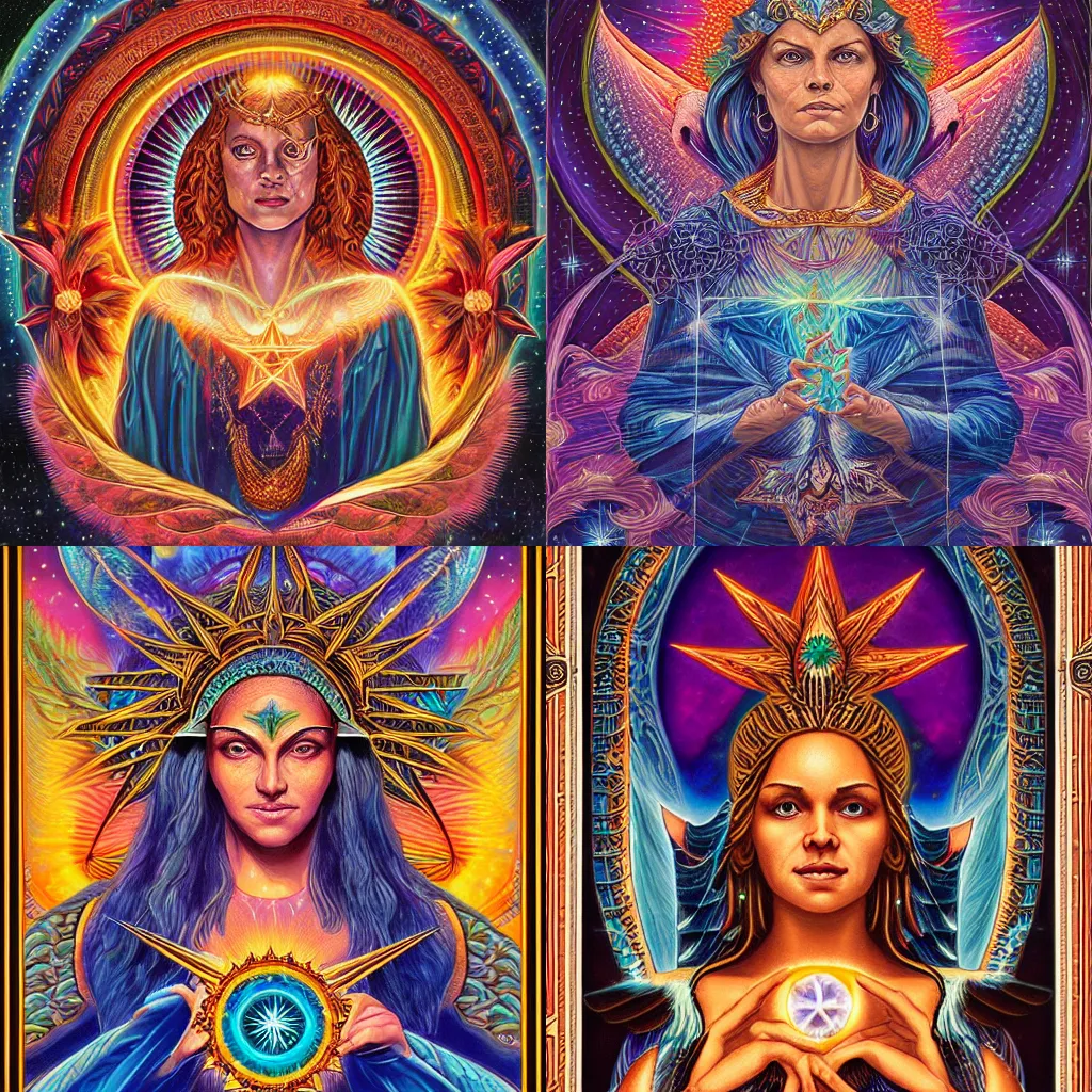 Prompt: beautiful tarot card of the goddess of knowledge and stars by carol bak and dan mumford and alex grey, oil on canvas, intricate border, symmetrical, portrait, 8k highly professionally detailed, HDR, CGsociety