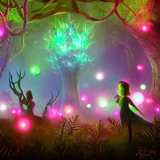 Prompt: beautiful glowing pixies in a fantasy forest