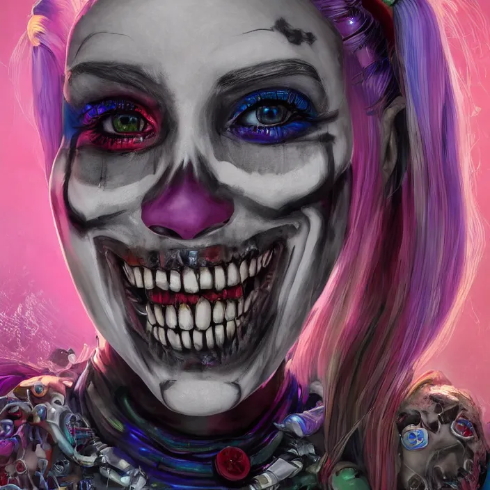 Prompt: portrait of Harley Quinn as a skeleton. intricate abstract. intricate artwork. nightmare fuel. by Tooth Wu, wlop, beeple, dan mumford. octane render, trending on artstation, greg rutkowski very coherent symmetrical artwork. cinematic, hyper realism, high detail, octane render, 8k, iridescent accents