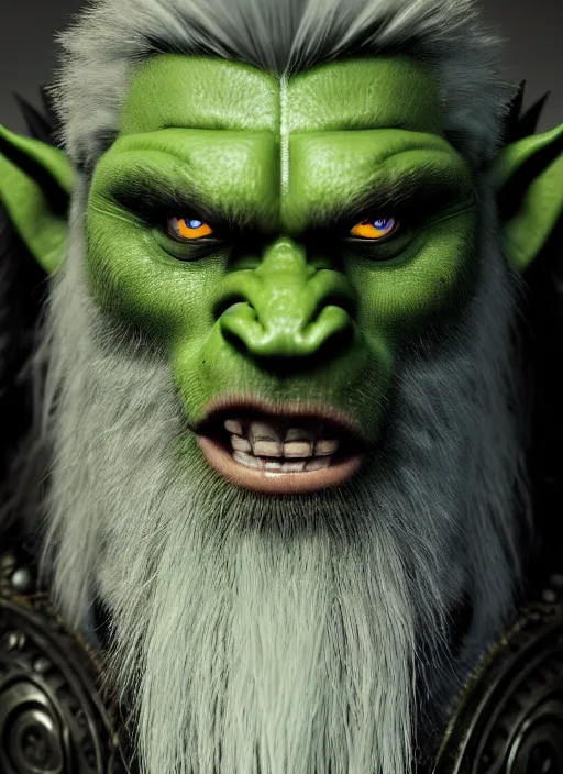 Image similar to portrait of a berserker green orc, long blond hair and beard, perfect facial symmetry + dim volumetric lighting, 8k octane beautifully detailed render, post-processing, extremely hyperdetailed, intricate, epic composition, grim yet sparkling atmosphere, cinematic lighting + masterpiece, trending on artstation