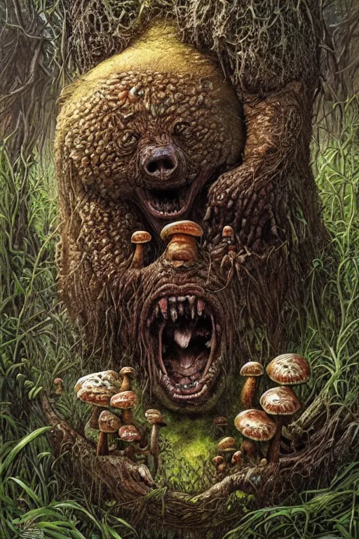 Prompt: a creepy, slimy swamp bear eating mushrooms that are growing out of its body. art by tomasz alen kopera and glenn fabry.