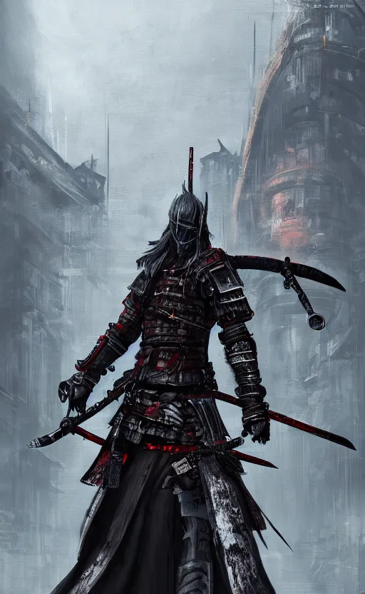 Prompt: a portrait of cyberpunk samurai with double sword, bloodborne concept art, 4 k