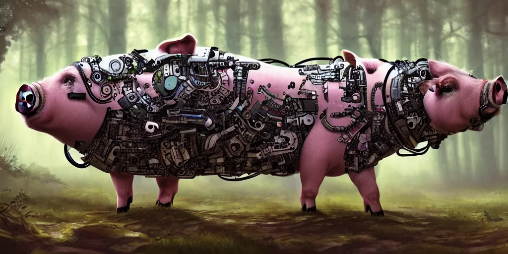 Image similar to portrait of a cyborg pig running in forest, cyberpunk, biomechanical, hyper detailed, trending on artstation