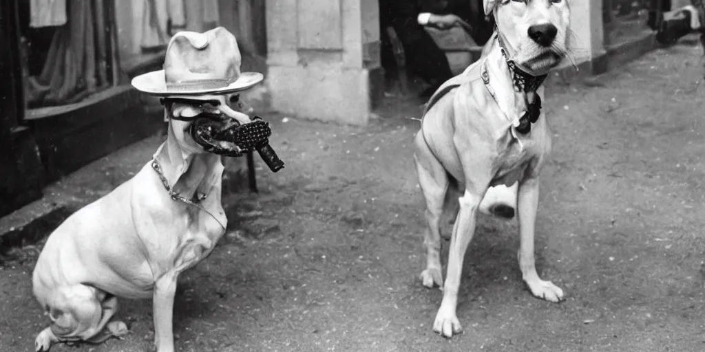 Prompt: pink dog wearing a fedora and smoking a cigar in 1 9 3 0 s france