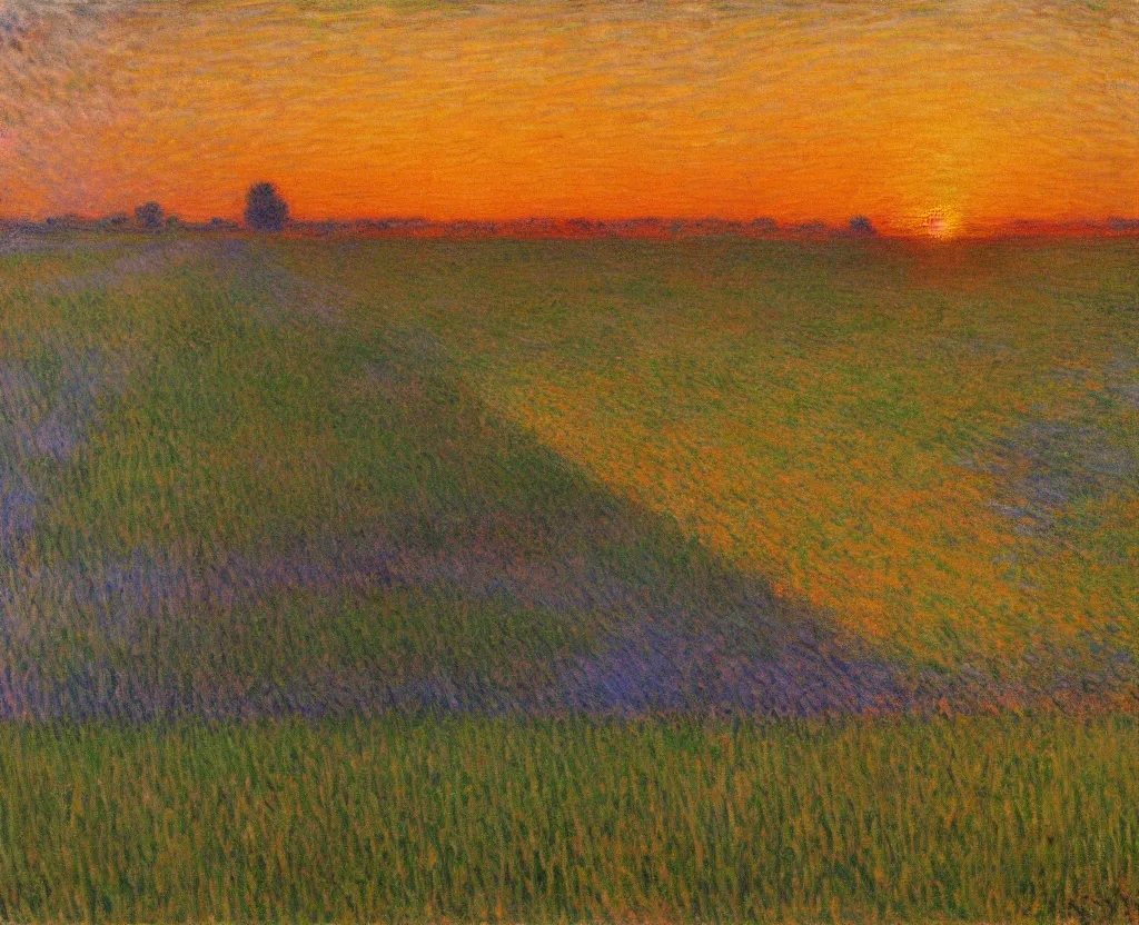 Prompt: an impressionism painting of endless cornfields at sunset, volumetric lighting, godrays, light rays, claude monet