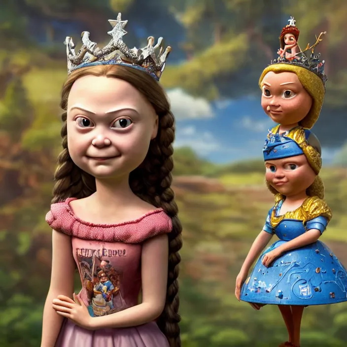 Image similar to highly detailed closeup, face profile portrait of greta thunberg as a tin toy fairytale princess wearing a crown eating cakes, bikini, unreal engine, nicoletta ceccoli, mark ryden, earl norem, lostfish, global illumination, detailed and intricate environment