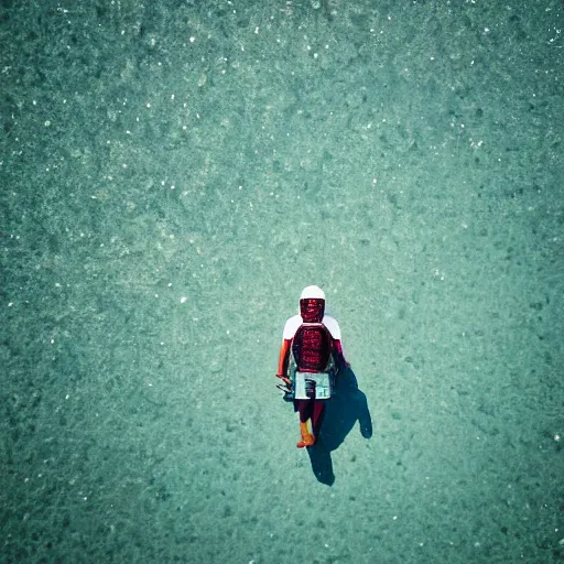 Prompt: atronaut on a on a beach, top view, photograph, 3 5 mm