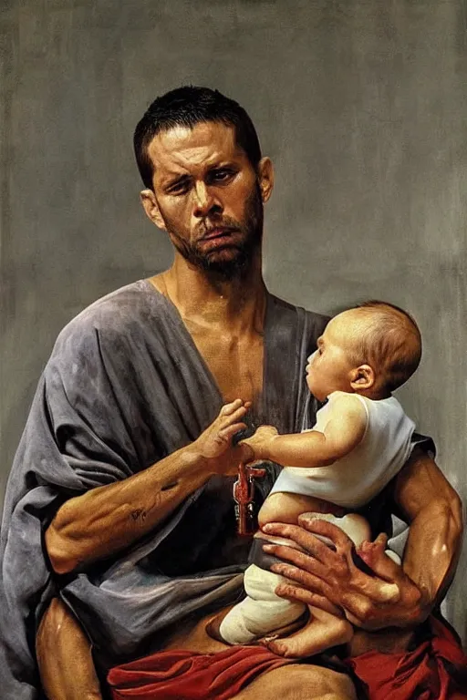 Prompt: hyperrealism oil painting of a handsome man, strong jaw, symmetrical, sitting in a gilded throne, tubes coming out of the man's arm, getting a blood transfusion from a baby in the background. in the style of classicalism mixed with 7 0 s japanese book art. dark. masterpiece