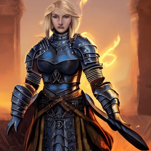 Prompt: fantasy RPG symmetrical portrait, centered shoulders up view, young blonde woman, blonde hair, blue eyes, level 1 plate armour, pale skin, 4k,in Gloomhaven style, highly detailed, soft lighting 8k resolution