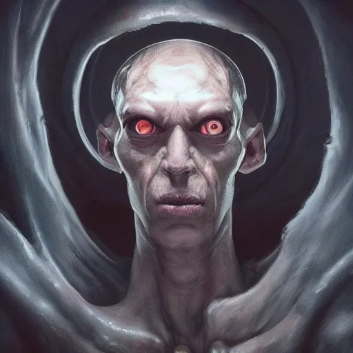 Prompt: portrait of a pale alien cultist, intimidating man, large fish eyes, high forehead, smooth waxy skin, slick clammy skin, ominous, eldritch. oil painting by nuri iyem, james gurney, james jean, greg rutkowski, highly detailed, soft lighting, chiaroscuro