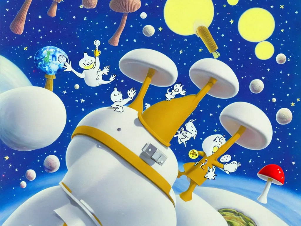 Image similar to moomins in space suits flying around with jetpacks discovering the mushroom planet, photorealistic painting, cgi