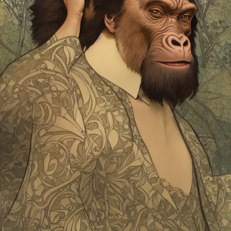 Prompt: a highly detailed Art Nouveau character portrait of a serious gorilla wearing a tailored business suit, intricate, wild, digital painting, artstation, concept art, smooth, sharp focus, illustration, art by artgerm and greg rutkowski and alphonse mucha