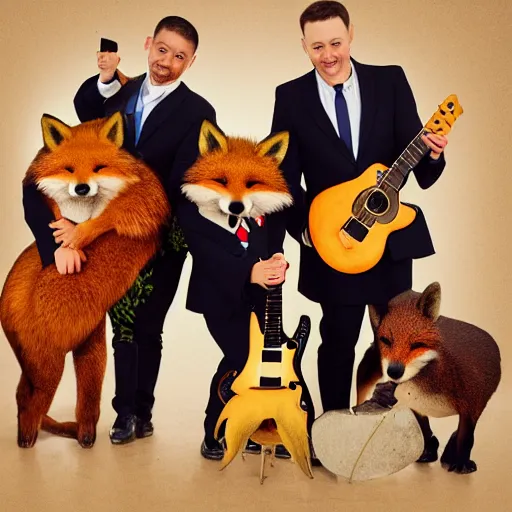 Image similar to photorealistic music album cover, with foxes animals dressed in suits, holding guitars, on a beach, all looking at camera, studio lighting, award winning photograph, 8 5 mm f / 1. 4