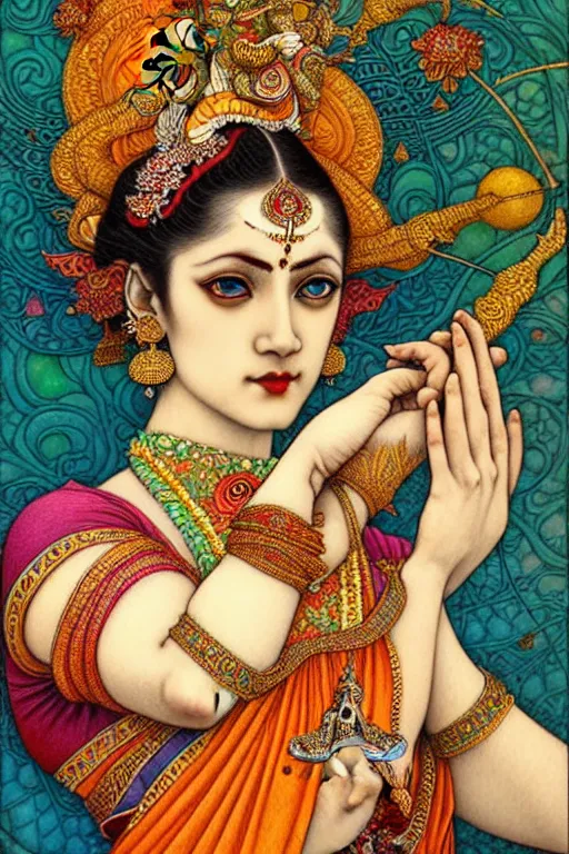 Image similar to beautiful and playful ginger hindu dancer, art nouveau, fantasy, intricate indian flower designs, elegant, highly detailed, sharp focus, art by chie yoshii