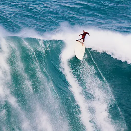 Prompt: surfer riding a surfboard made of medium rare steak, big wave hawaii, 5 0 foot waves, tsunami surfing aerial photography