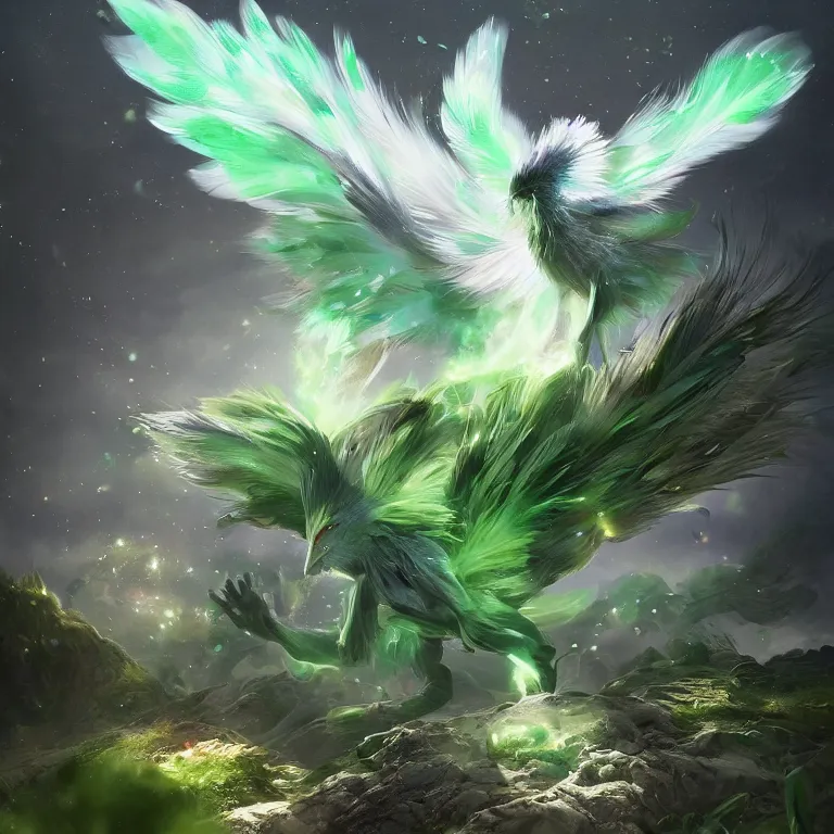 Image similar to a cute beautiful earth type pokemon, green feathers bursting out of his hair, full body shot, highly detailed digital art, 3 d perspective, award - winning illustration, aesthetic, smooth, pokemon style, made by greg rutkowski, with an alien landscape in the background