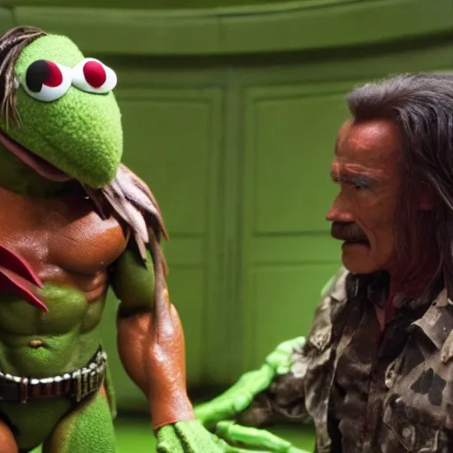 Image similar to The Predator staring the The Muppets and Arnold Schwarzenegger, movie, The Muppets, jungle, Arnold Schwarzenegger, movie still, high definition