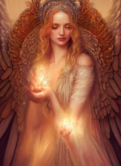 Image similar to A beautiful digital painting of a female angel full of jewels, princess, the moon behind her, intricate, cinematic lighting, highly detailed, digital painting, Artstation, concept art, smooth, sharp focus, illustration, art by Tom Bagshaw, Artgerm and Greg Rutkowski