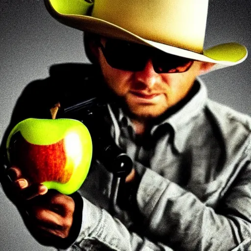 Prompt: a apple wearing a cowboy hat and shooting a revolver into the air. digital art. trending on artstation. amazing quality. great composition. perfect lighting. professional design. mind blowing detail. impressive colors. award winning art.