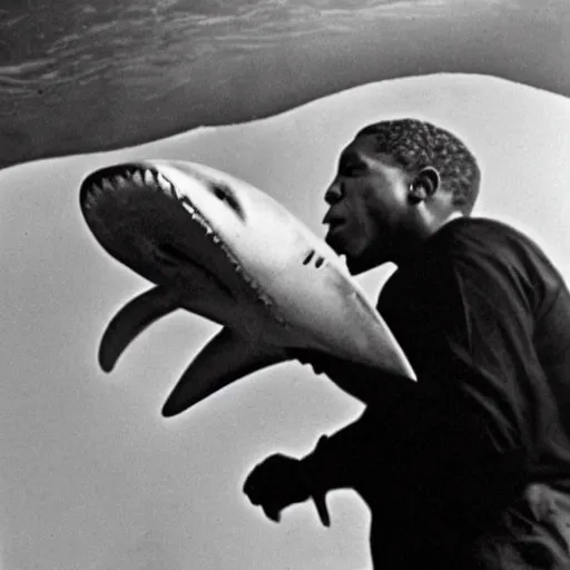 Image similar to john coltrane hugging and kissing a hammerhead shark