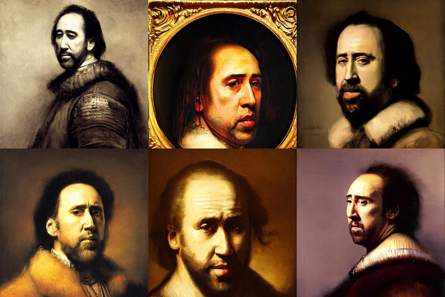 Prompt: a portrait of Nicholas Cage painted by Rembrandt, epic lighting