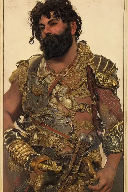 Prompt: portrait of a young rugged young man, thick black beard, big muscles, intricate bronze armour decorated with with gems. cinematic lighting, highly detailed, full body shot. Many scars. In the style of Alphonso Mucha