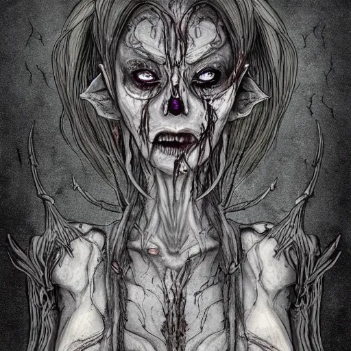 Image similar to portrait of undead female elf lich, grey rotting skin, scythe, sickle, ugly, scars, black ooze, ichor, evil, dungeons and dragons