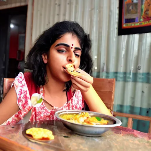 Prompt: hyperrealistic image of isha jain enjoying food at hostel mess