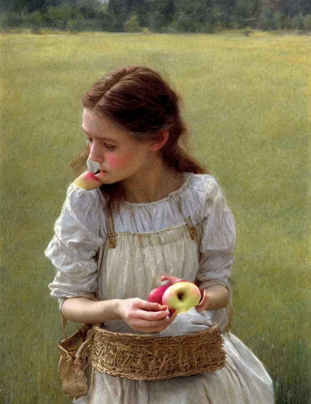 Image similar to peasant girl eating apple, portrait, cottage core, cinematic focus, polaroid photo bleached vintage pastel colors high - key lighting, soft lights, foggy, by steve hanks, by lisa yuskavage, by serov valentin, by tarkovsky, 8 k render, detailed, oil on canvas