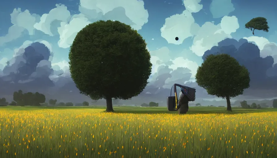Prompt: big black hexagon in the sky, no clouds, field with grass and flowers, big tree, person, matte painting, art station, blue sky, simon stalenhag