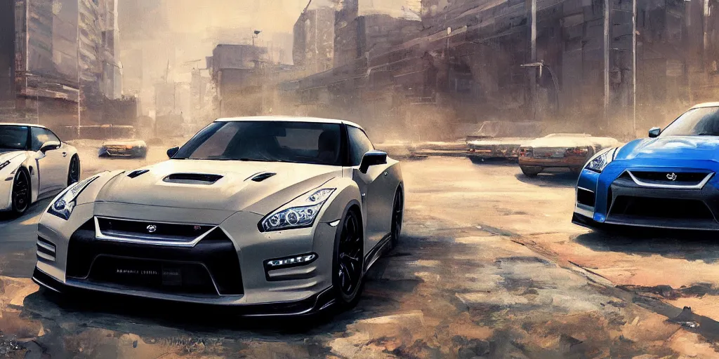 Prompt: A ultradetailed beautiful panting of Nissan GTR, Oil painting, by Ilya Kuvshinov, Greg Rutkowski and Makoto Shinkai