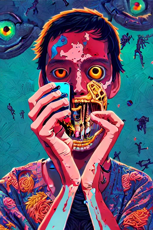 Prompt: a zombie teenager staring at their phone, tristan eaton, victo ngai, artgerm, rhads, ross draws