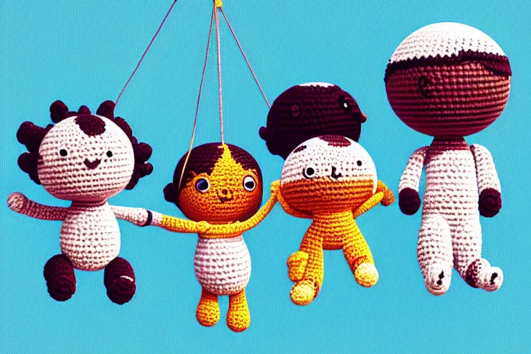 Prompt: a group of three crochet cute astronauts climbing a yarn wall. cute, illustration, digital art, inspired by little big planet, by greg rutkowski, detailed, sharp, masterpiece, highly detailed, photorealistic, octane render, 8 k, unreal engine 5, trending on artstation, vivid colors