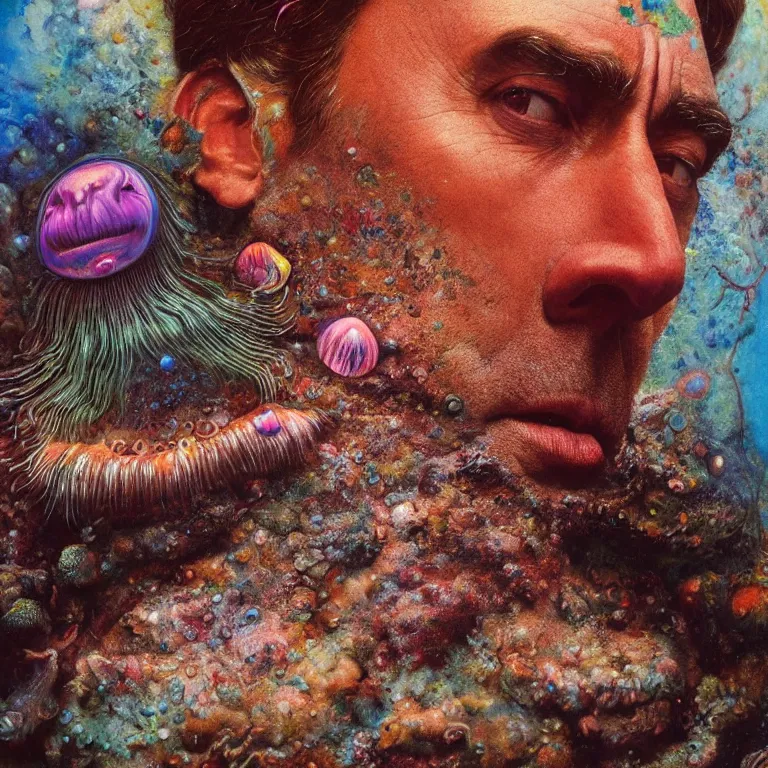 Prompt: Hyperrealistic intensely colored close up studio Photograph portrait of a deep sea bioluminescent Jon Hamm covered in chromatophores, symmetrical face realistic proportions eye contact, sitting on a Rock underwater, award-winning portrait oil painting by Norman Rockwell and Zdzisław Beksiński vivid colors high contrast hyperrealism 8k