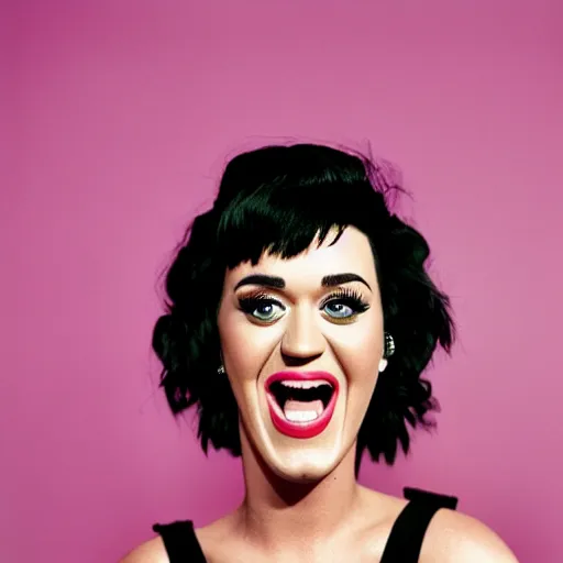 Prompt: 3 5 mm portrait of katy perry laughing in your face, a raging lightning storm in the sky.