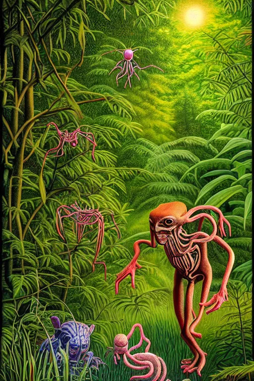 Image similar to a hyperrealistic painting of a tranquil evening at the botanical garden, creatures emerging from the thickets and bushes. cinematic horror by jimmy alonzo, the art of skinner, chris cunningham, lisa frank, richard corben, highly detailed, vivid color,