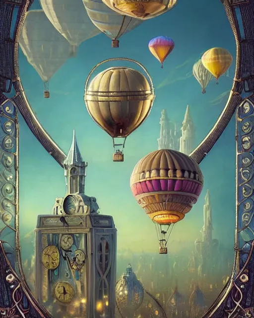 Image similar to a stunning fantasy scene of a steampunk hot - air balloon flying over an art deco city with a clock - tower | highly detailed | very intricate | disney pixar | steampunk | dramatic romantic epic breathtaking whimsical magical | bokeh moon stars | professional cinematic lighting | artdeco | painted by beeple and rhads and donato giancola | bold color palette | featured on artstation