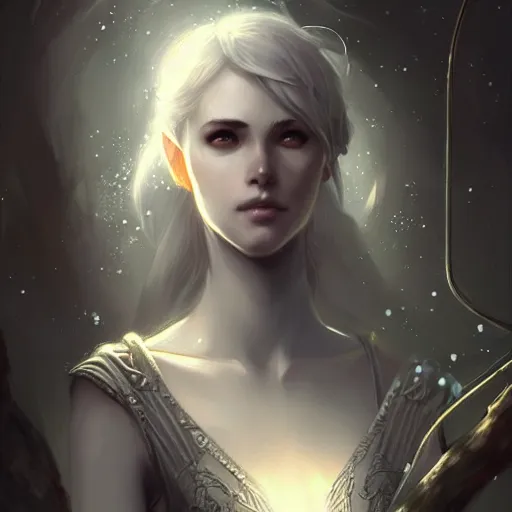 Prompt: beautiful extremely detailed intricate concept art depicting an archer by charlie bowater. shining jewelry. grey atmosphere. particles in the background. bcy. net