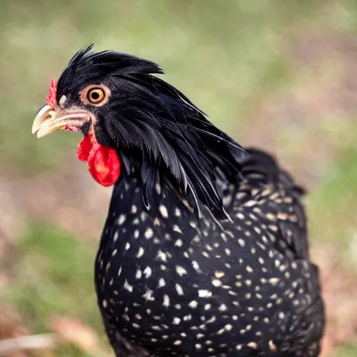 Image similar to a newly discovered breed of chicken with black feathers that is spotted with small white hearts