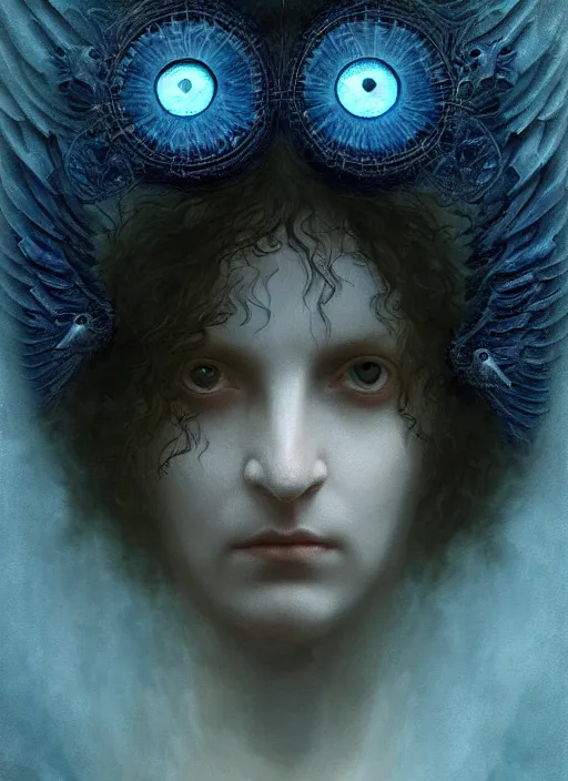 Prompt: Her huge ominous glowing blue eyes staring into my soul , perfect eyes, agostino arrivabene, WLOP, Tomasz strzalkowski, twisted dark lucid dream, 8k portrait render, raven angel wings, beautiful lighting, dark fantasy art, rococo, gold filigree, artstation