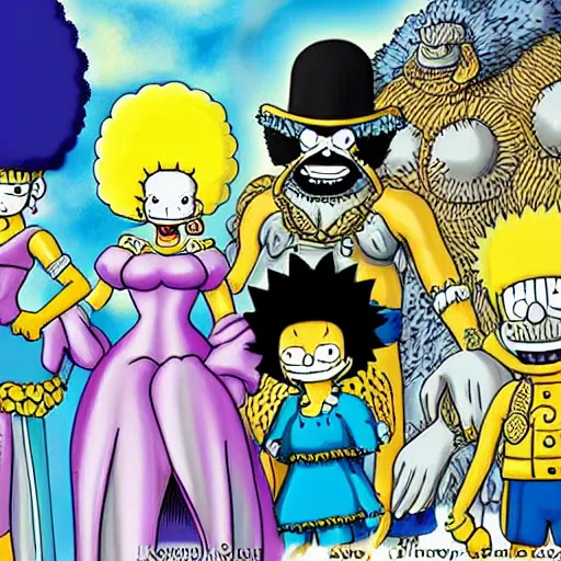 Prompt: marge simpson and her new family from one piece drawn by kentaro miura