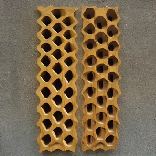Prompt: physical honeycomb pattern wooden sculpture 10 feet tall golden inset ornate detail free standing installation