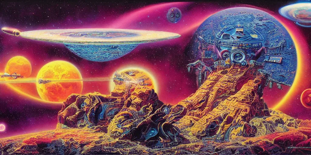 Image similar to Intergalactic dreams by Alex Grey, Paul Lehr, Ron Walotsky, Bruce Pennington and James Gurney