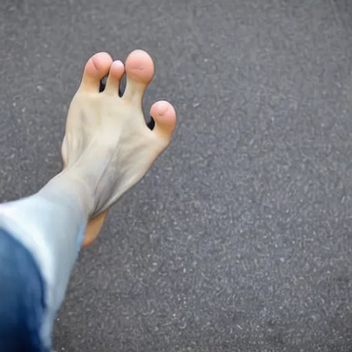 Image similar to feet for hands extreme long shot of human with feet for hands, scary, detail,