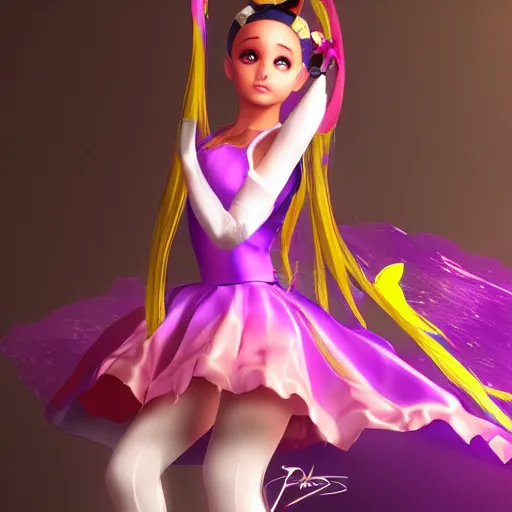 Prompt: A beautiful portrait of a Ariana Grande from the rainbow sky paradise in the process of transforming into her magical girl outfit, Pixiv 3DCG, Daz Studio