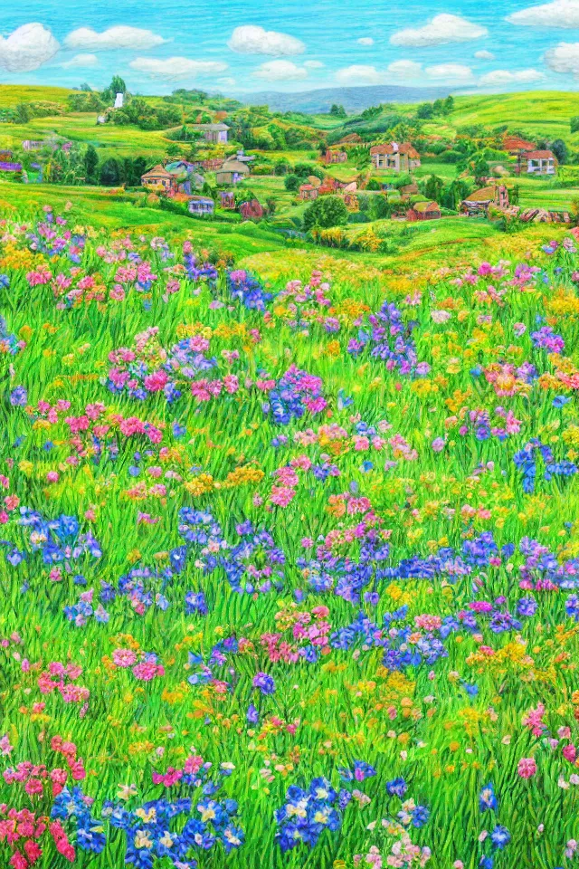 Image similar to a countryside in spring, green hills and blue sky with patches of clouds, nature in all its beauty, some houses in the background, star - shaped flowers in the foreground, digital painting, colored pencil, detailed,