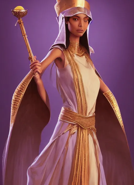 Image similar to an anthropomorphic beautiful female wizard of pharaoh holding magic wand portrait wearing robe, fine art, award winning, intricate, elegant, sharp focus, octane render, hyperrealistic, cinematic lighting, highly detailed, digital painting, 8 k concept art, art by jamie hewlett and z. w. gu, masterpiece, trending on artstation, 8 k