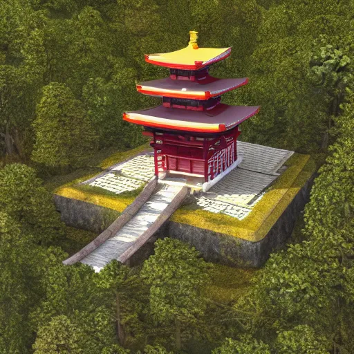 Image similar to an isometric 3 d render of a shinto shrine in the forest, isometric